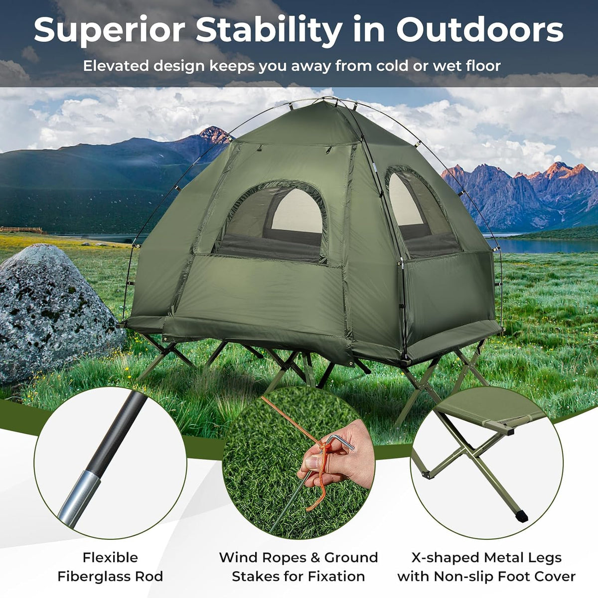 GYMAX Tent Cot, 5-in-1 Folding Camping Cot with Mattress & Pillows, Sleeping Bags, Sunshade, Camping Tent Elevated with Carrying Bag for Outdoor Hiking, Fishing, Picnic (2-Person)