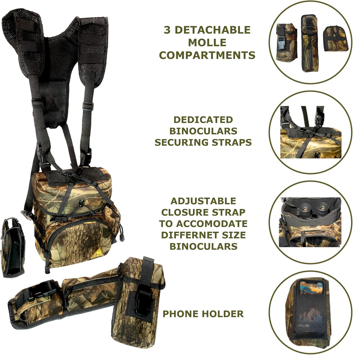 Binoculars Harness Case Pack, Bino Pack with Rangefinder Compartment - Detachable Molle Compartments Camouflage for Hunting, Hiking and Birdwatching
