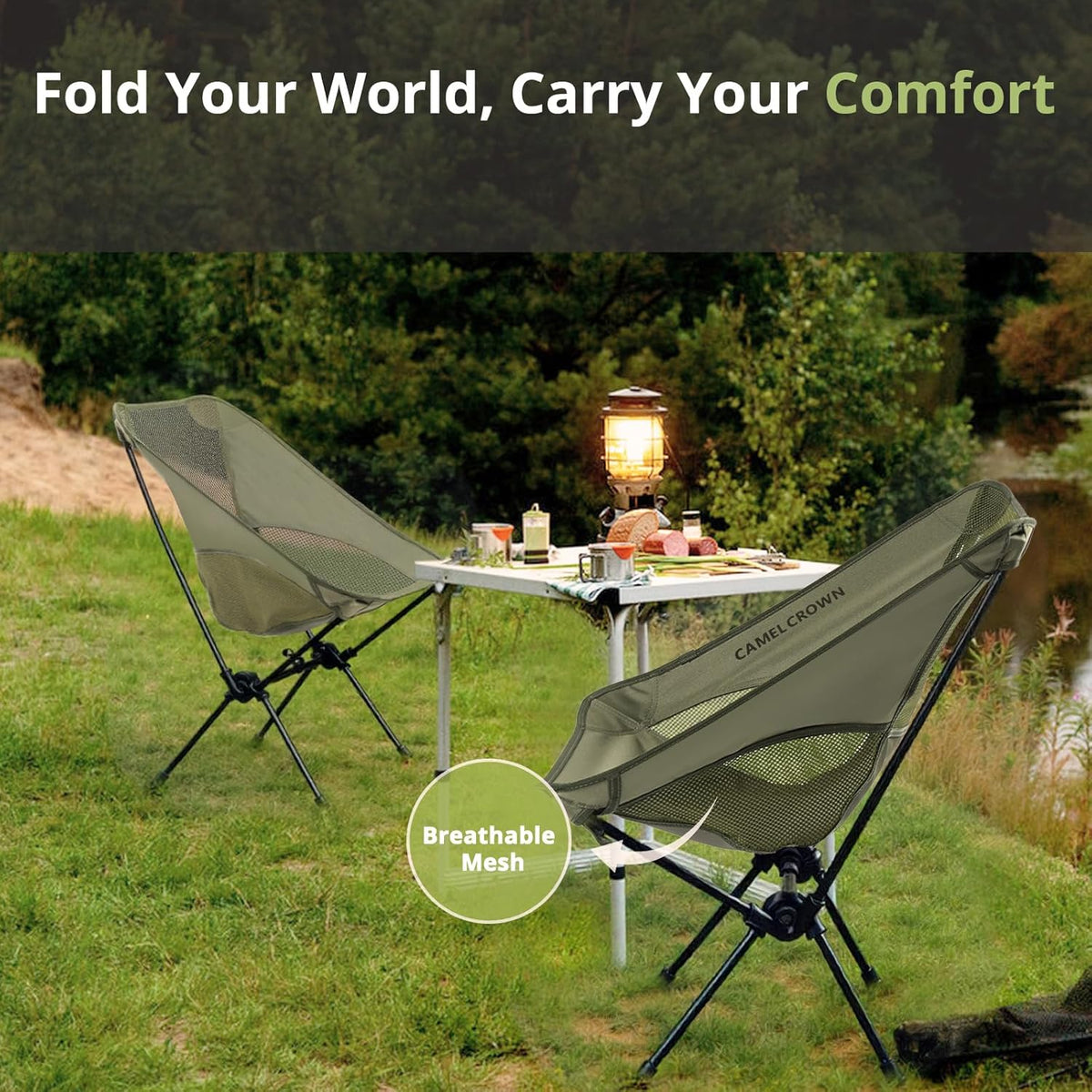 CAMEL CROWN Portable Camping Chair Lightweight Compact Folding Chair Mesh for Outdoor Camp Travel Beach Picnic Festival Hiking Backpacking Army Green 2 Pack
