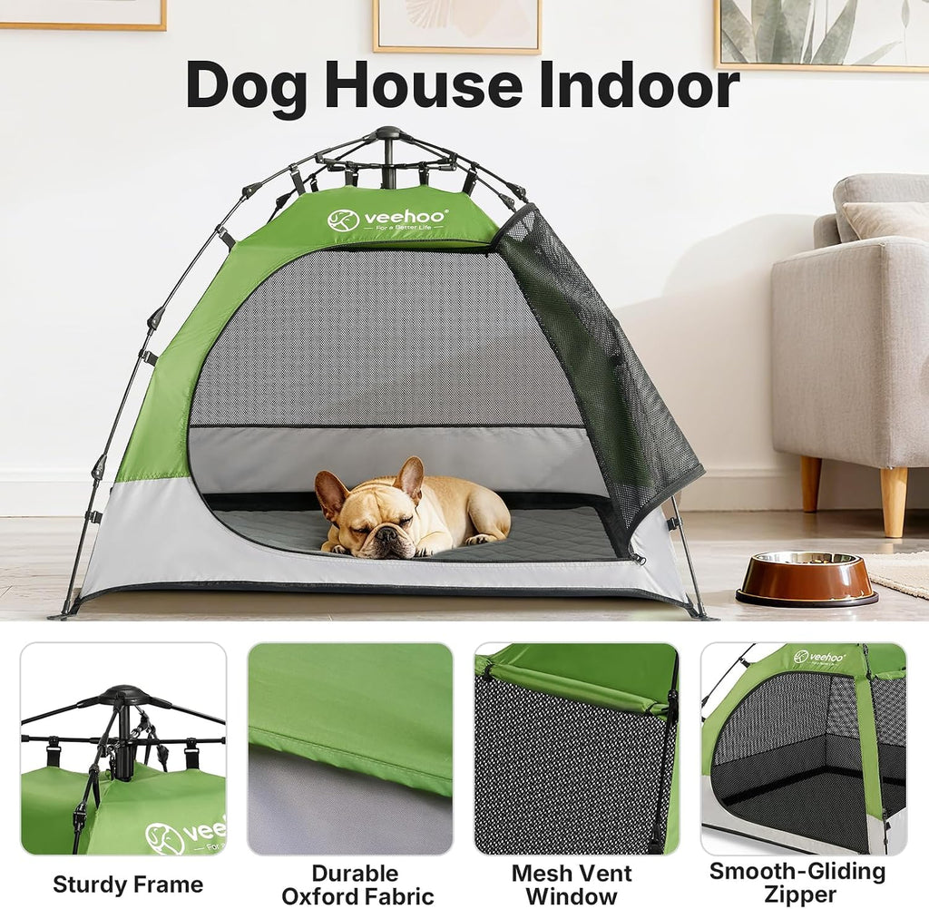Veehoo Pop Up Dog Tent House for Indoor Outdoor, Portable &amp; Waterproof Dog Canopy Shelter with Cool Mesh, Foldable Automatic Pet Tent for Dogs with Camping Mat and Bag for Large &amp; Extra Large Dogs
