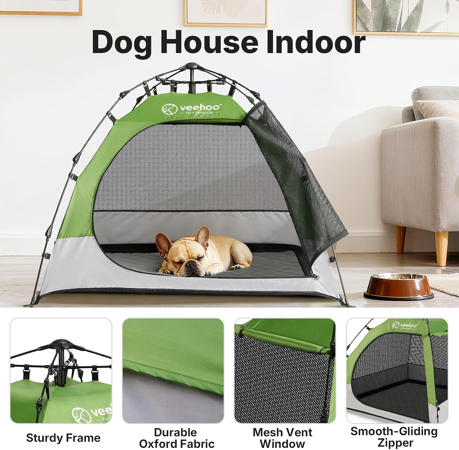 Veehoo Pop Up Dog Tent House for Indoor Outdoor, Portable &amp; Waterproof Dog Canopy Shelter with Cool Mesh, Foldable Automatic Pet Tent for Dogs with Camping Mat and Bag for Large &amp; Extra Large Dogs