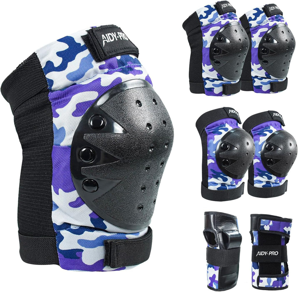 AIDY-PRO Adult/Youth/Kids Knee Pads and Elbow Pads Set Skateboard Protective Gear, 6 in 1 Knee Guards Kids Wrist Guards for Roller Skating Skateboarding Biking