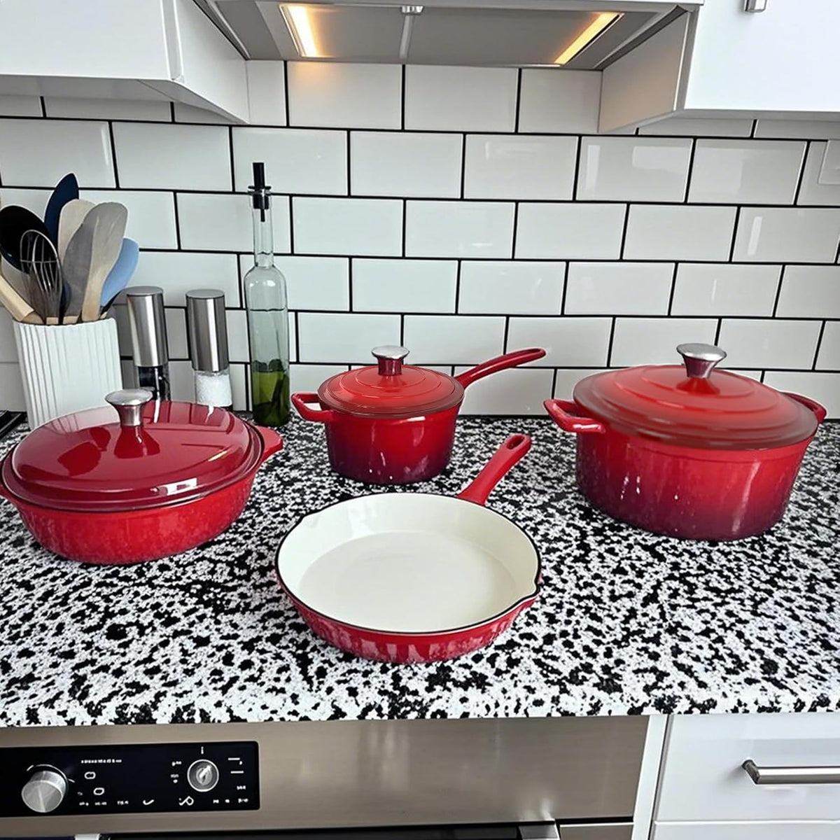 MAISON ARTS 7 Piece Enameled Cast Iron Pots and Pans Set, Red