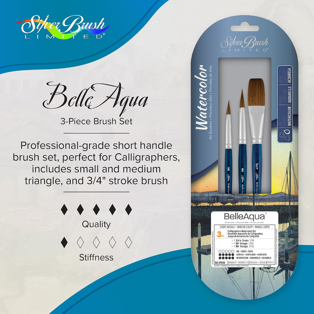 Silver Brush Limited BelleAqua Calligraphers Watercolor Brush Set, 3pc