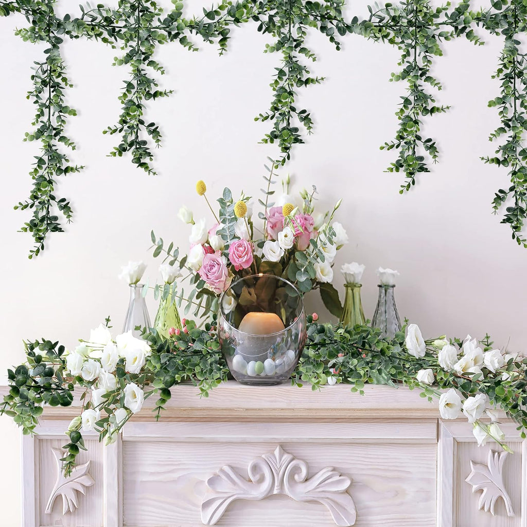 Sggvecsy Artificial Eucalyptus Garland 8 Pack Fake Eucalyptus Greenery Garland Faux Hanging Plants Artificial Vines, 5.6 Feet/Strand for Wedding Backdrop Arch Wall Table Party Outdoor Festival Decor