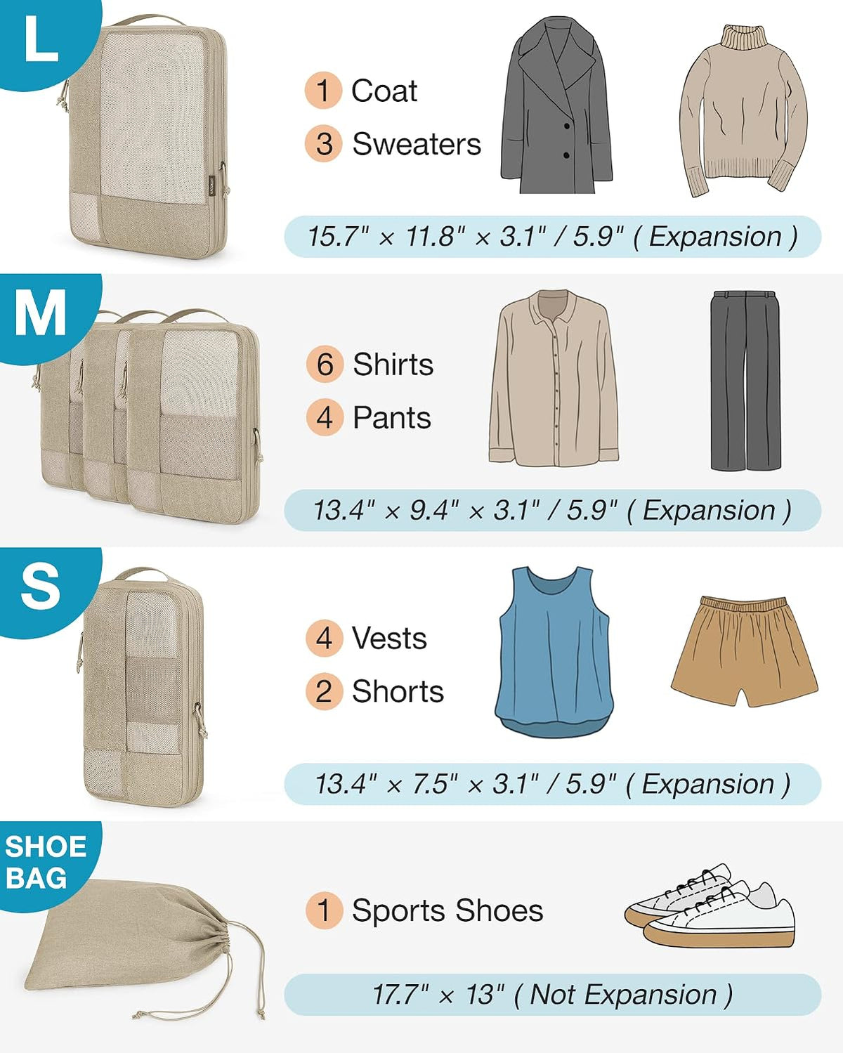 BAGSMART Compression Packing Cubes for Travel, 6 Set
