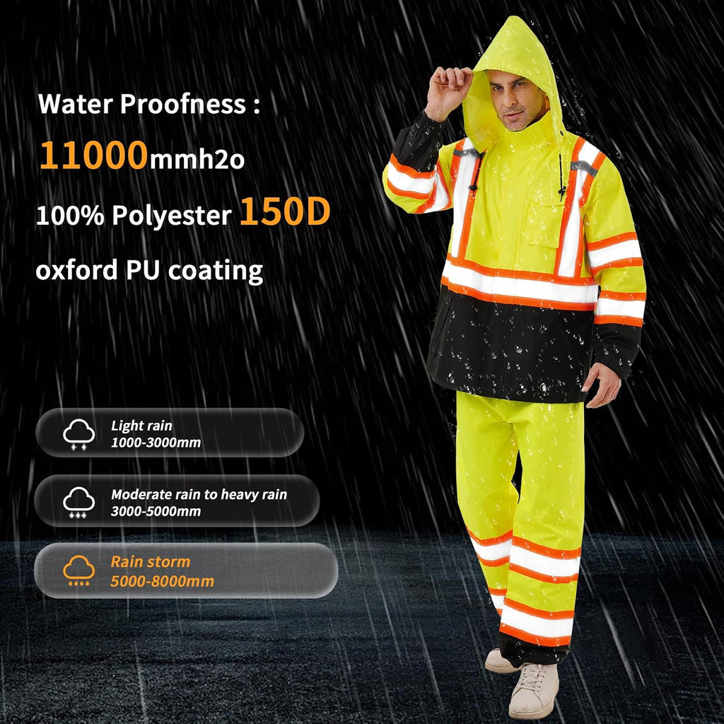 Hi Vis Safety rain Jacket，Reflective Class 3 Rain coat with Inner Mesh Lining and Pockets High Visibility Waterproof work Rain Suits for men&women（Yellow,2XL/3XL）