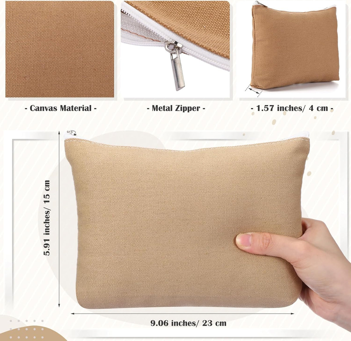 Reginary 10 Pcs Canvas Makeup Bags Bulk Blank Cosmetic Bags,Brown