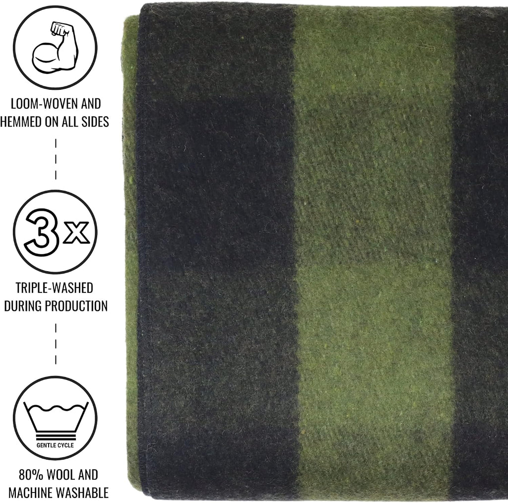 Arcturus Backwoods Wool Blanket - 4.5lbs, Warm, Heavy, Washable, Large | Great for Camping, Outdoors, Survival & Emergency Kits (Olive Green Buffalo)