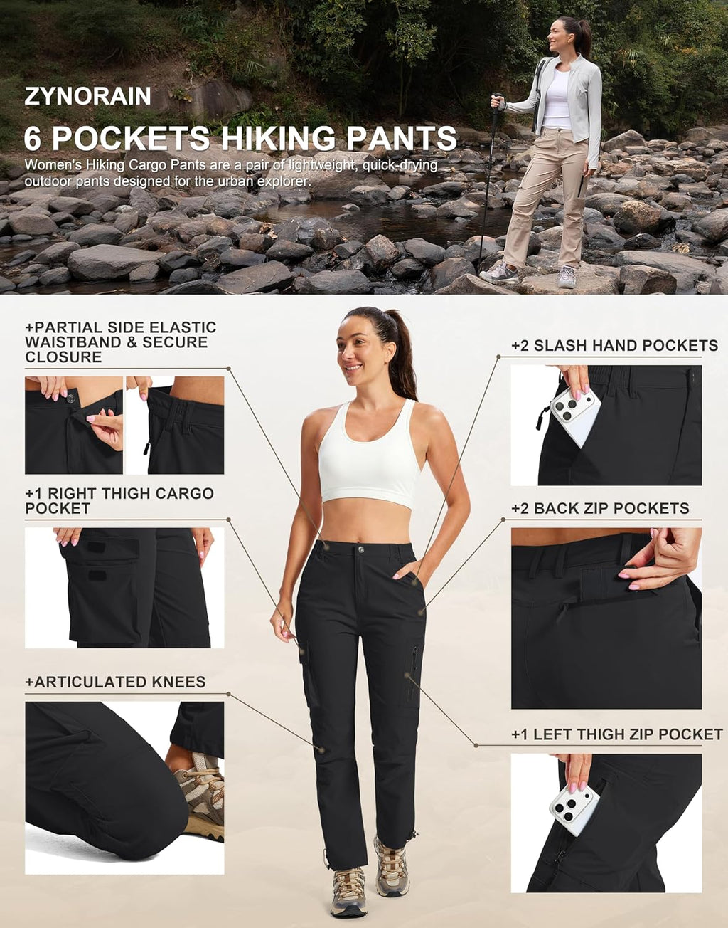 Womens Hiking Cargo Work Pants Quick Dry Water Resistant 6 Pockets