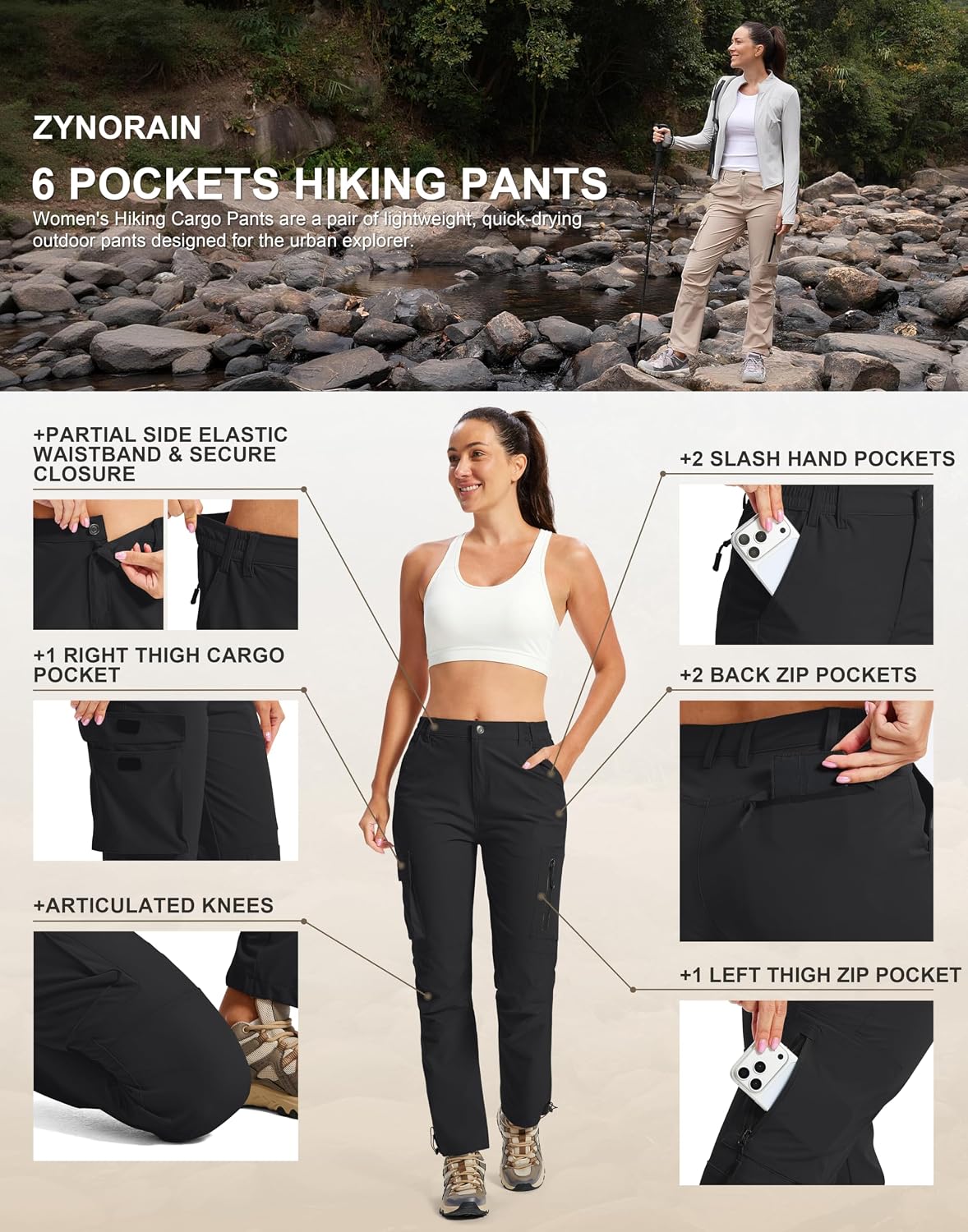 Womens Hiking Cargo Work Pants Quick Dry Water Resistant 6 Pockets