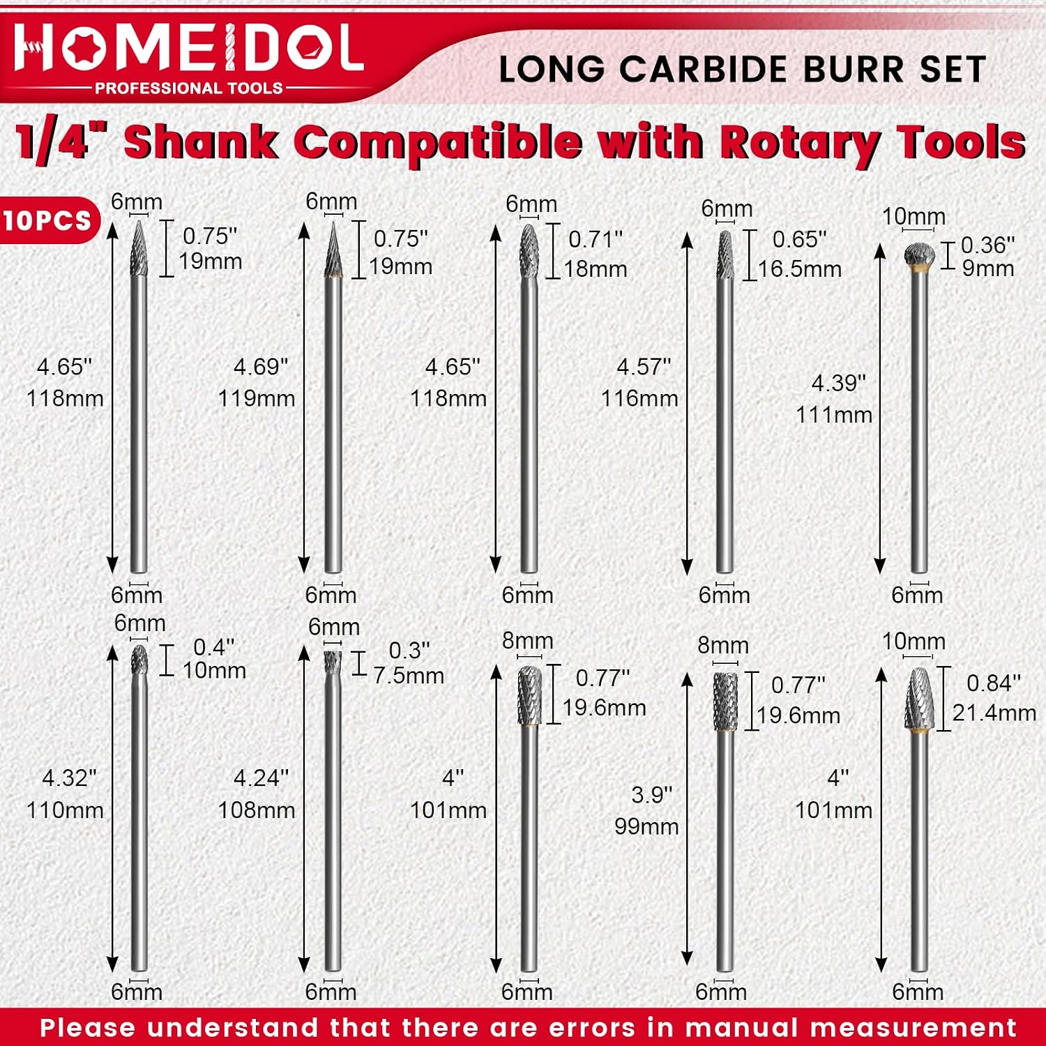 10Pcs Long Carbide Burr Set 4" L 1/4" Shank Die Grinder Bits for Dremel
