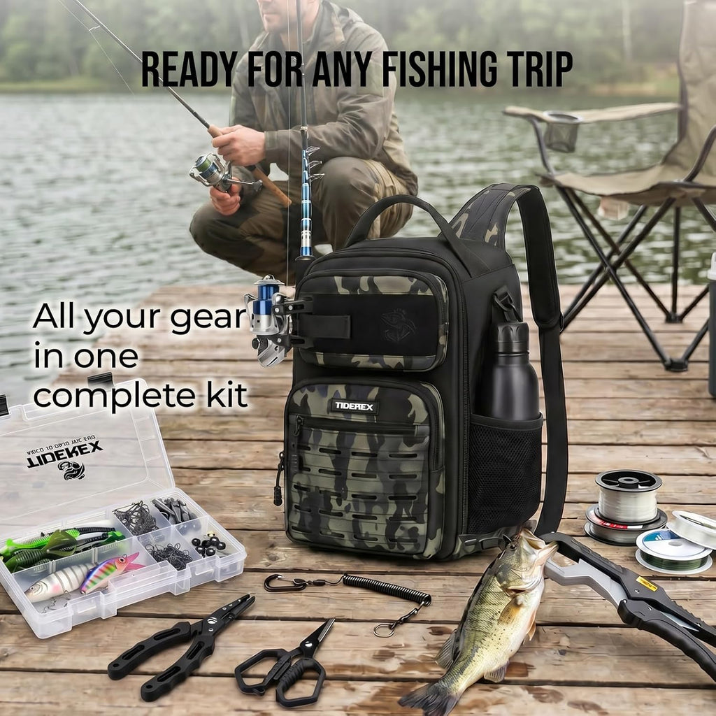 Fishing Sling Bag with 3500 Tackle Box & Fishing Gear, Black Camo.
