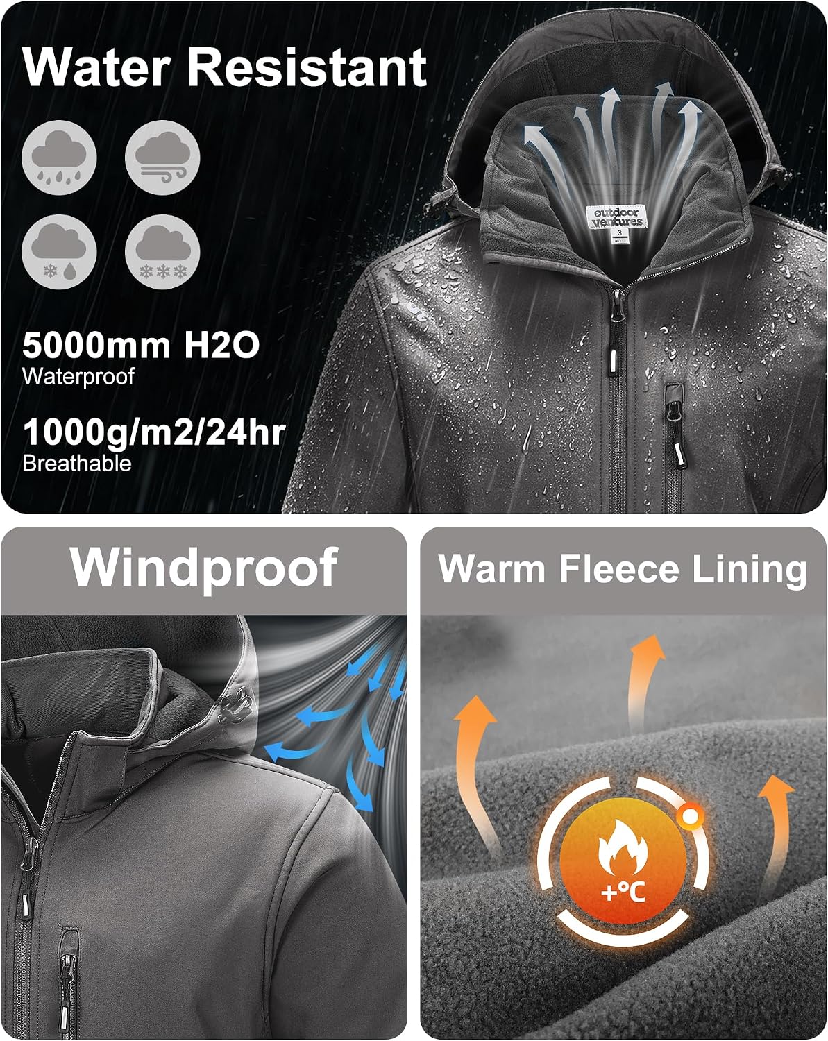 Outdoor Ventures Men's Softshell Jacket Waterproof Fleece Rain Shell Coat