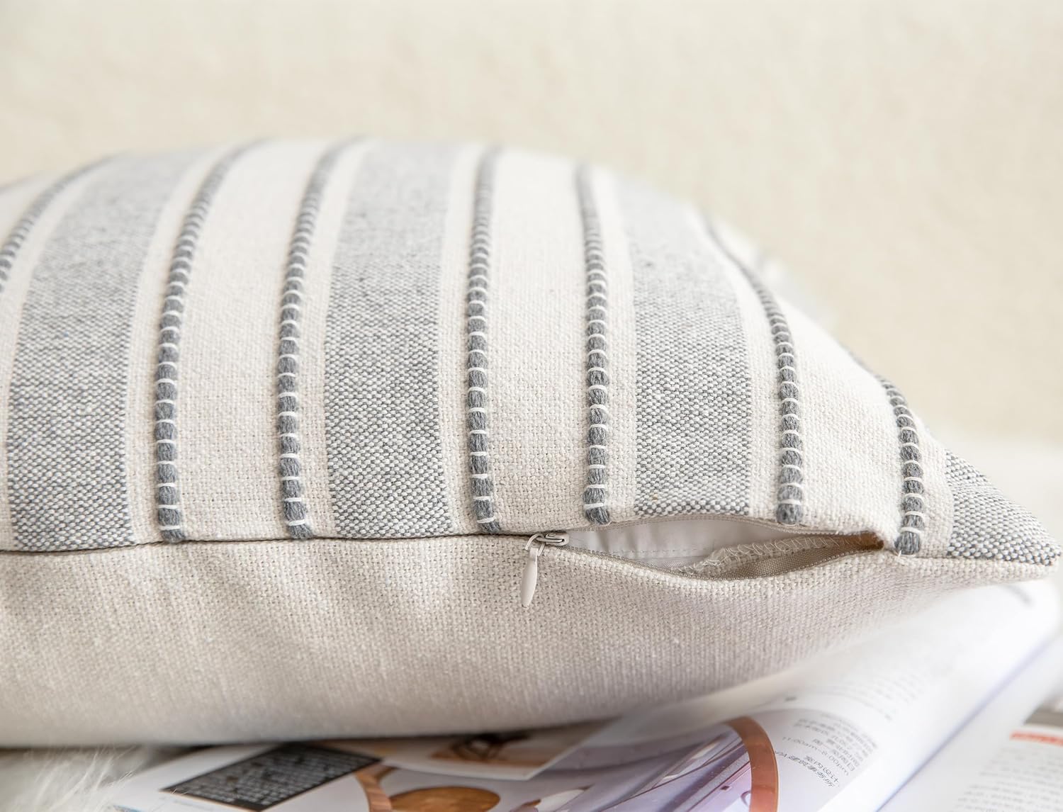 Cethom Decorative Boho Throw Pillow Covers, Farmhouse Textured Pillow Case, 18 x 18 Inch Set of 2, Chair Sofa Bedroom Living Room Home Decor Couch Cushion Case, Grey and Beige Striped