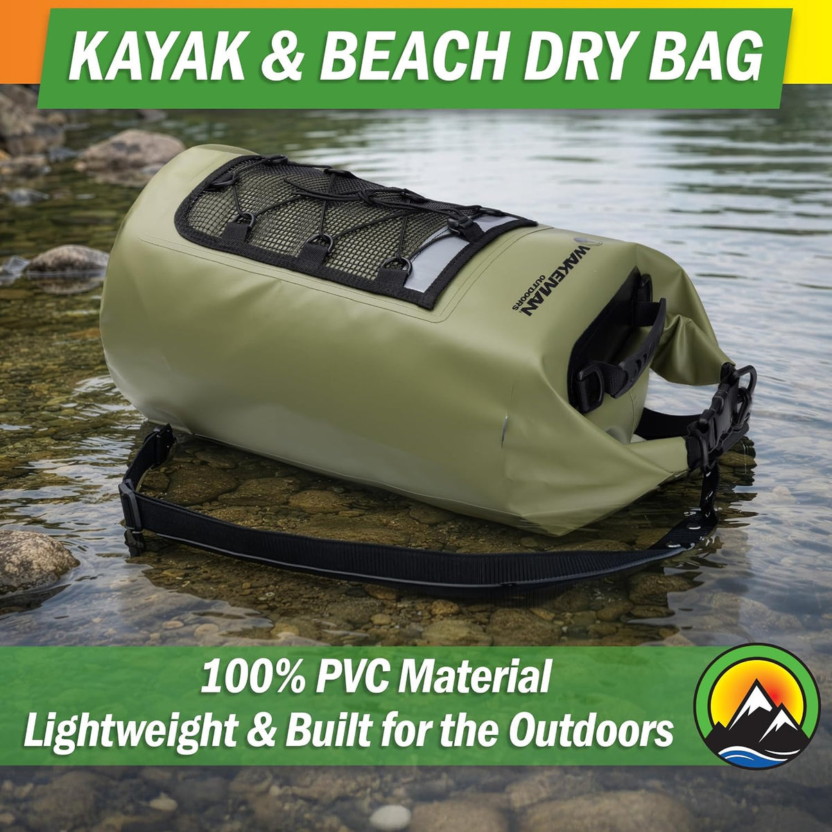 Wakeman Waterproof Dry Bag - 30L Roll Top Lightweight Waterproof Backpack for Men or Women with Phone Case and Mesh Pocket - Kayaking, Boating, Swimming, Camping or Fishing Gear Outdoors (Green)