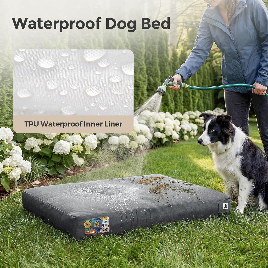 Sytopia 42-Inch Waterproof Outdoor Dog Bed for Large Dogs, Heavy Duty Orthopedic Egg Crate Foam Pet Bed with Durable Fabric and Removable Washable Cover for Patio, Camping and Travel, Grey