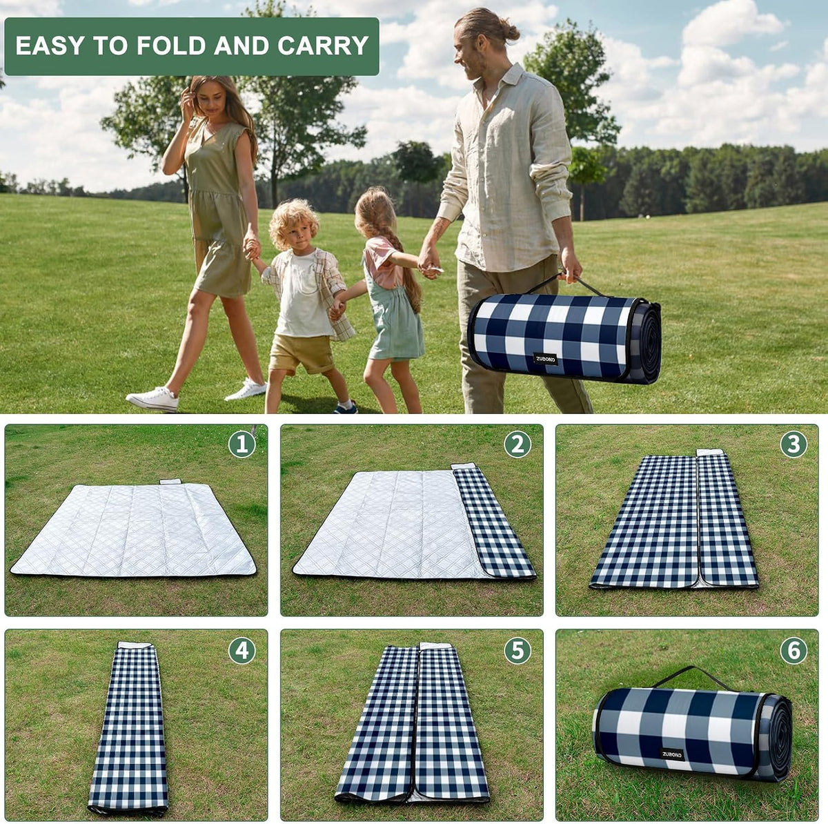 ZUBOND Large Picnic Blanket Outdoor Picnic Mat Waterproof Foldable 80''x80'', Beach Blanket Sandproof for LawnPark, Grass, Travel, Hiking, Camping Essentials, Vintage Gingham Picnic Blanket