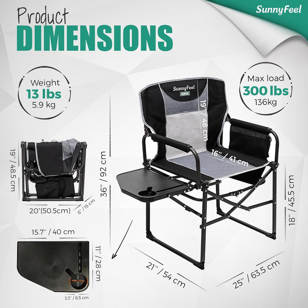 SUNNYFEEL Oversized Camping Chair Portable Directors Chairs with Side Table