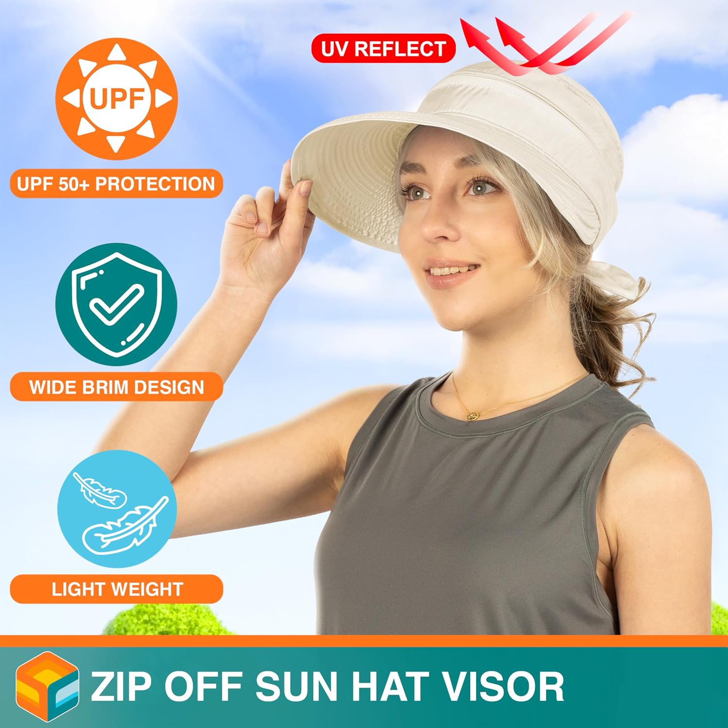 SUN CUBE Womens Sun Hat UV Protection Wide Brim Zip-Off Golf Visor