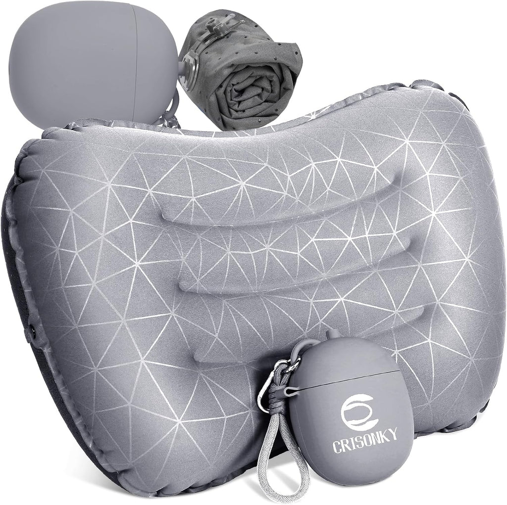Crisonky Camping Pillow, Inflatable Pillow with 2-in-1 Air Pump Storage Bag