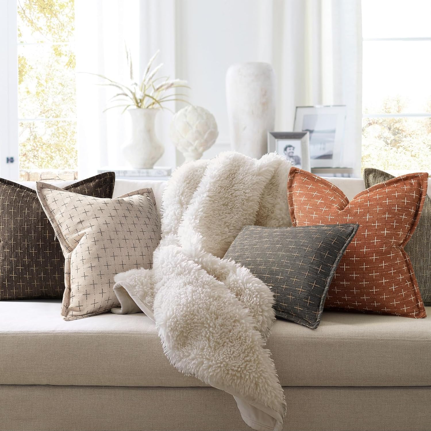 ZWJD Fall Pillow Covers 18x18 Set of 2 Soft Polyester Textured Rust Pillow Covers with Stylish Flange Edge Cozy Farmhouse Throw Pillows for Couch Bed Sofa Living Room Fall Decor