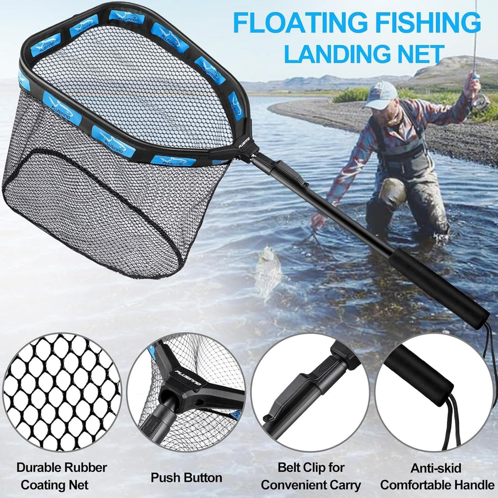 PLUSINNO Fishing Backpack with Fishing Gear Fish Net & Rod Holders Tackle Box, 42L Large Water-resistant Tackle Bag Store
