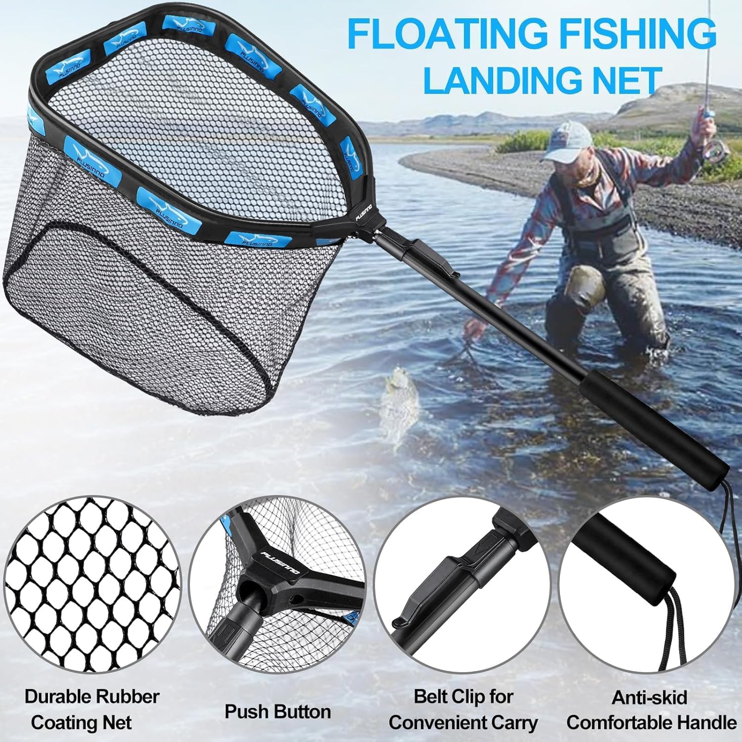 PLUSINNO Fishing Backpack with Fishing Gear Fish Net & Rod Holders Tackle Box, 42L Large Water-resistant Tackle Bag Store