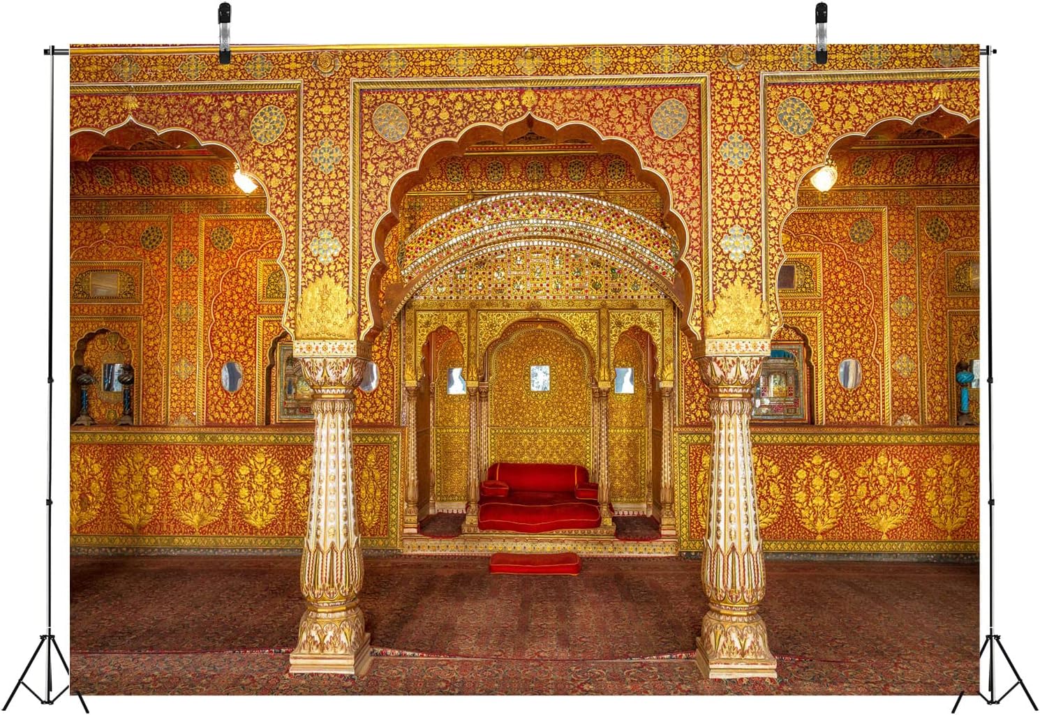 BELECO 7x5ft Fabric Indian Royal Palace Backdrop Interior Private Audience Hall in Anup Mahal and Maharaja Throne with Gold Carvings Photography Background for Travel Portrait Photo Studio Props