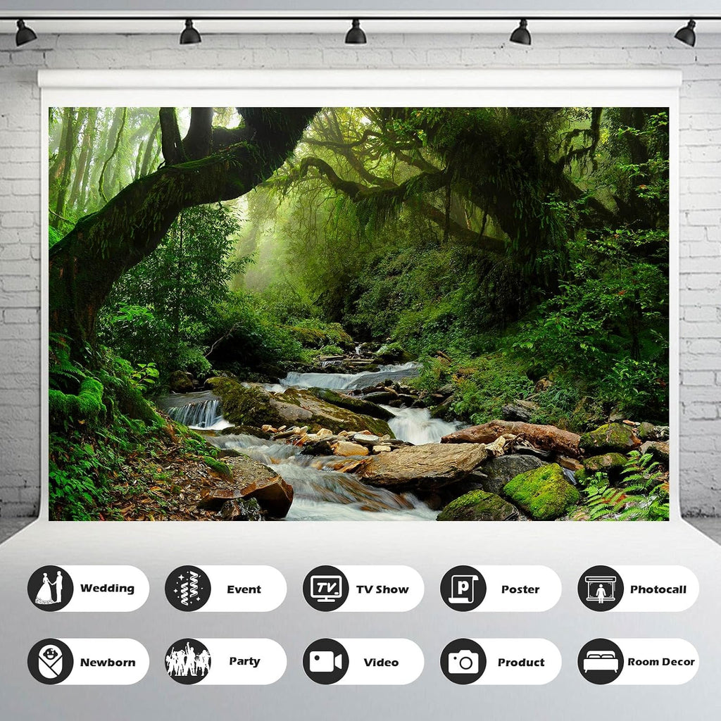 Jungle Forest Backdrop Foggy Rainforest Jungle Landscape Photography Background Stream Lush Green Trees Plants Nature Scene Backdrop for Travel Hiking Portrait Video Shoot Photo Studio Props 7x5ft