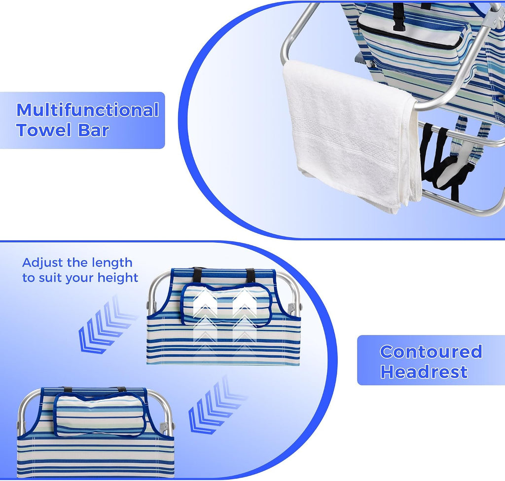 Backpack Beach Camping Chairs with 8 Positions Lay Flat, 2 Pack Lightweight Folding Beach Chair with Adjustable Headrest, Pouch, Cup Holder for Outdoor Lawn Picnic, Support 300LBS(Stripes_Blue & Cyan)
