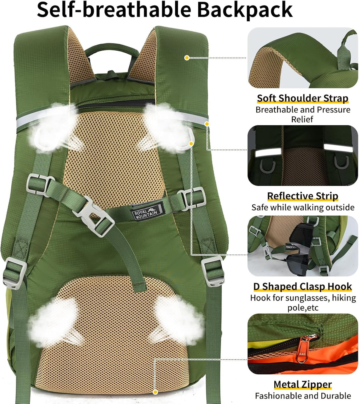30L Hiking Backpack With Rain-Cover, Lightweight Packable Backpack For Women Men, Hiking Daypack Backpacks Fit For Camping, Sports, Daily Commuting, Short Trips (Green)