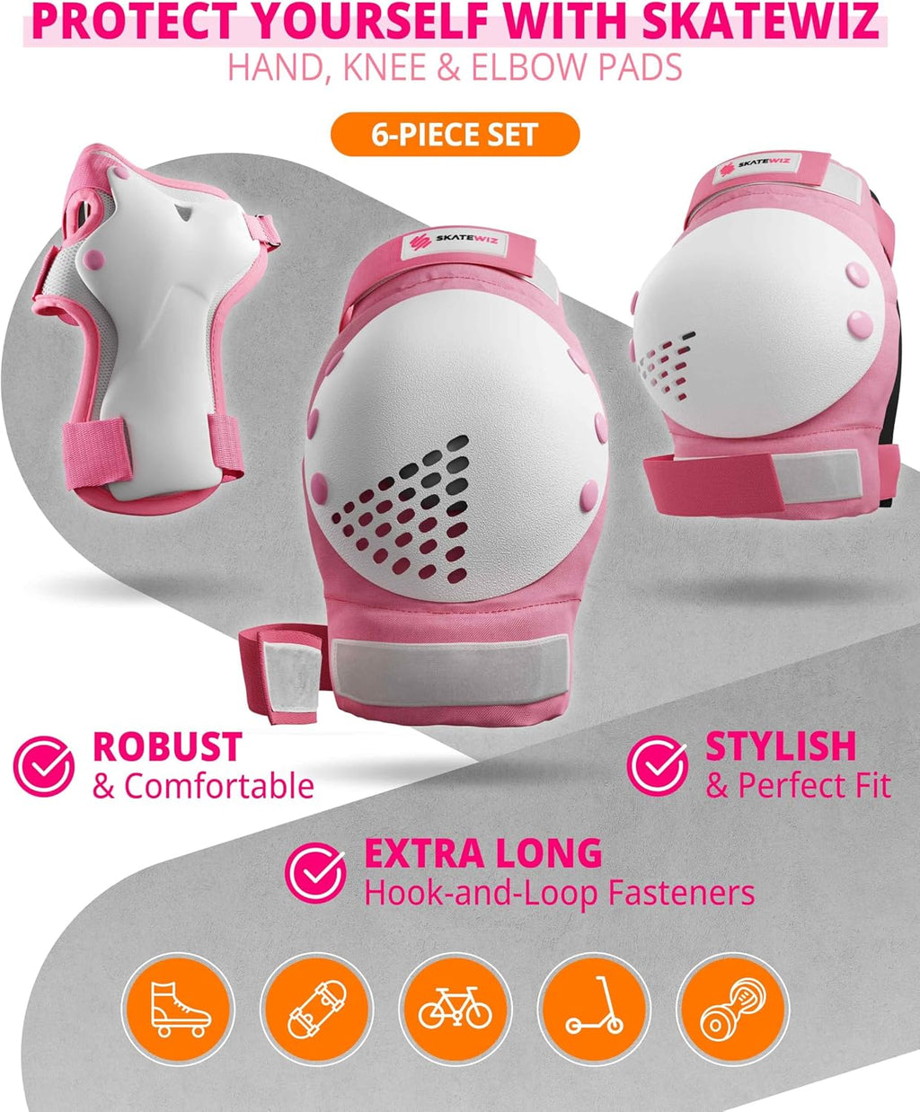 SKATEWIZ Skateboard Pads Protective Gear Set for Kids and Adults - Smash - Roller Skate Pads [6pc] with Wrist Guards - Skating Protective Gear - Roller Derby