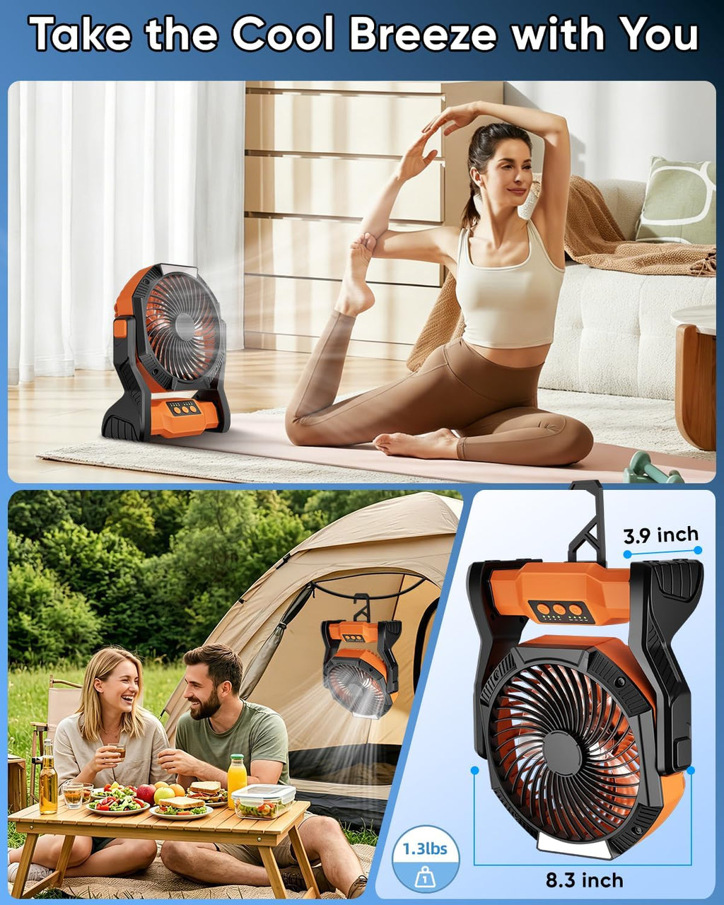 Portable Rechargeable Fan, 20000mAh Battery Powered Camping Fan with LED Light & Hook, 270° Adjustable, 4-Speed, 4H Timer Camping Essentials for Outdoor Tent Travel BBQ Car_Orange