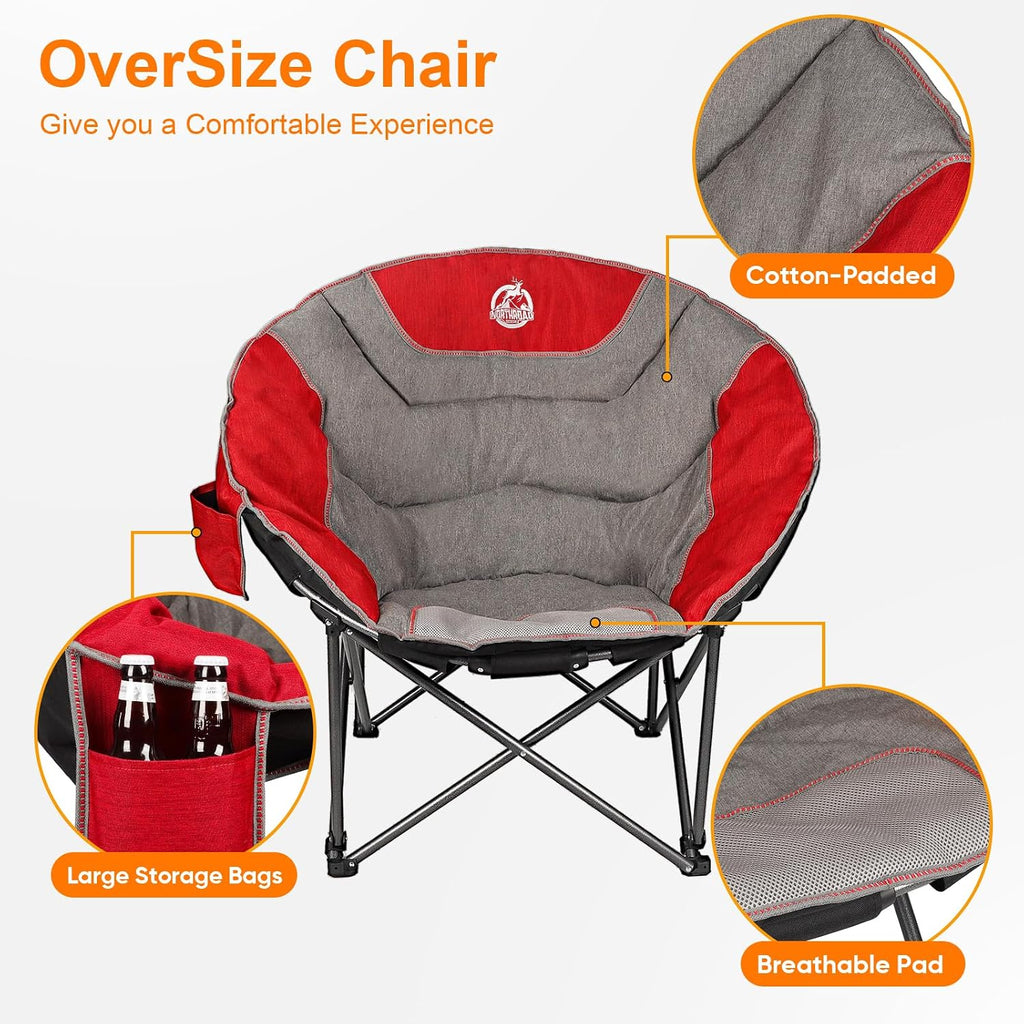 Northroad XXL Camping Moon Chair,Oversized Round Chair,Folding Padded Saucer w/Side Pocket,500lbs Capacity for Outdoor Hiking Fishing Picnic Lawn,Red&Grey
