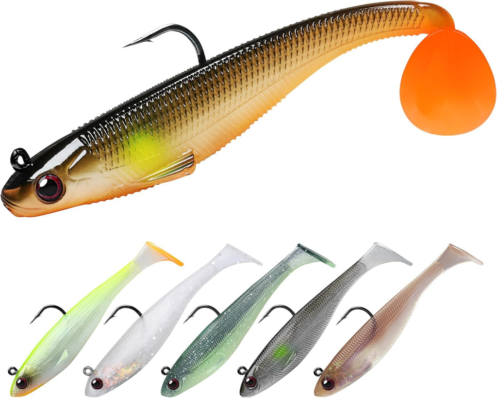 TRUSCEND Shadtale Easy Catch Soft Fishing Lures with BKK Hooks - Trembly Sinking and Vibrating Swim for More Bites, Pre-Rigged Swimbaits for Bass, Trout, Crappie, Walleye, Freshwater Saltwater Fishing