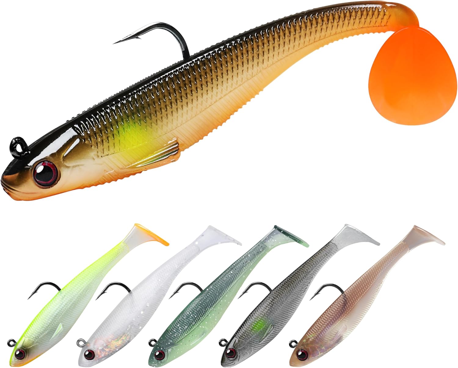 TRUSCEND Shadtale Easy Catch Soft Fishing Lures with BKK Hooks - Trembly Sinking and Vibrating Swim for More Bites, Pre-Rigged Swimbaits for Bass, Trout, Crappie, Walleye, Freshwater Saltwater Fishing