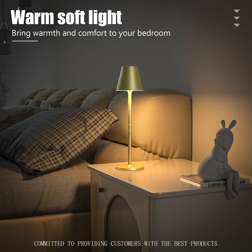 Timjorman 1-Pack Cordless Table Lamps - 5000mAh Rechargeable Battery Operated Desk Lamp, 3-Level Dimmable LED Night Light for Bedroom, Dining, Restaurant - Metal Design (Champagne Gold-1Pack)