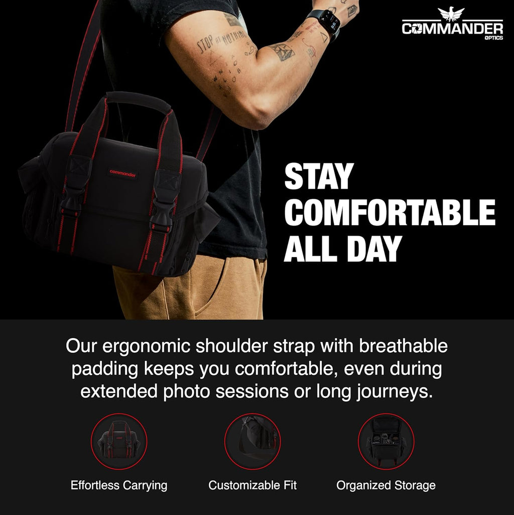 COMMANDER OPTICS Large Camera Bag - Water Resistant, Soft Padded, Spacious Travel Bag for Canon EOS, Nikon, Sony & More DSLR Cameras/Camcorders Ample Storage and Protection for Your Equipment (Large)
