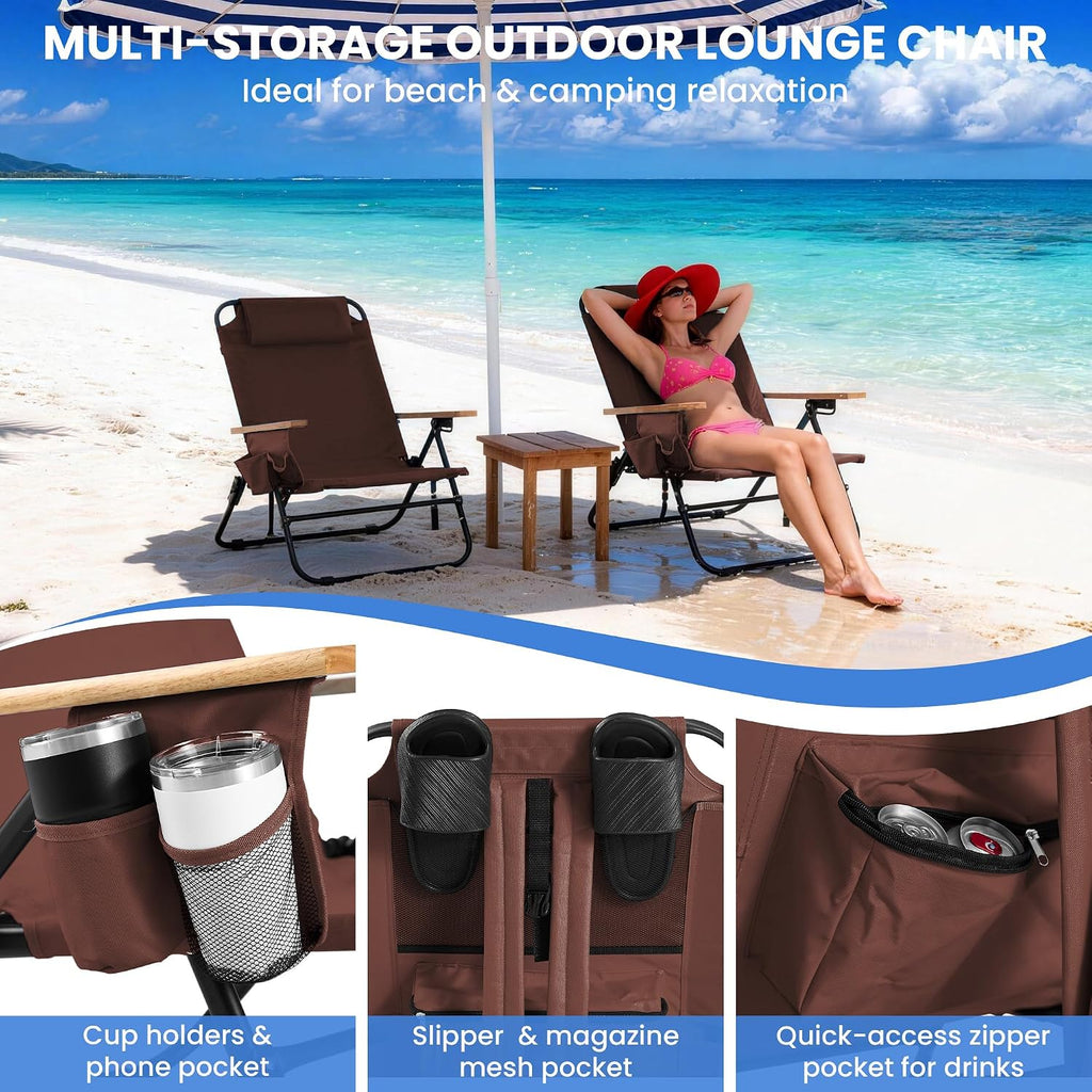 2 Pack Premium 5-Position Reclining Camping Chair - Portable Folding Lightweight Outdoor Chair with Wooden Armrests, Headrest & Pockets, 350lbs Heavy Duty for Beach, Patio, Backyard, Coffee
