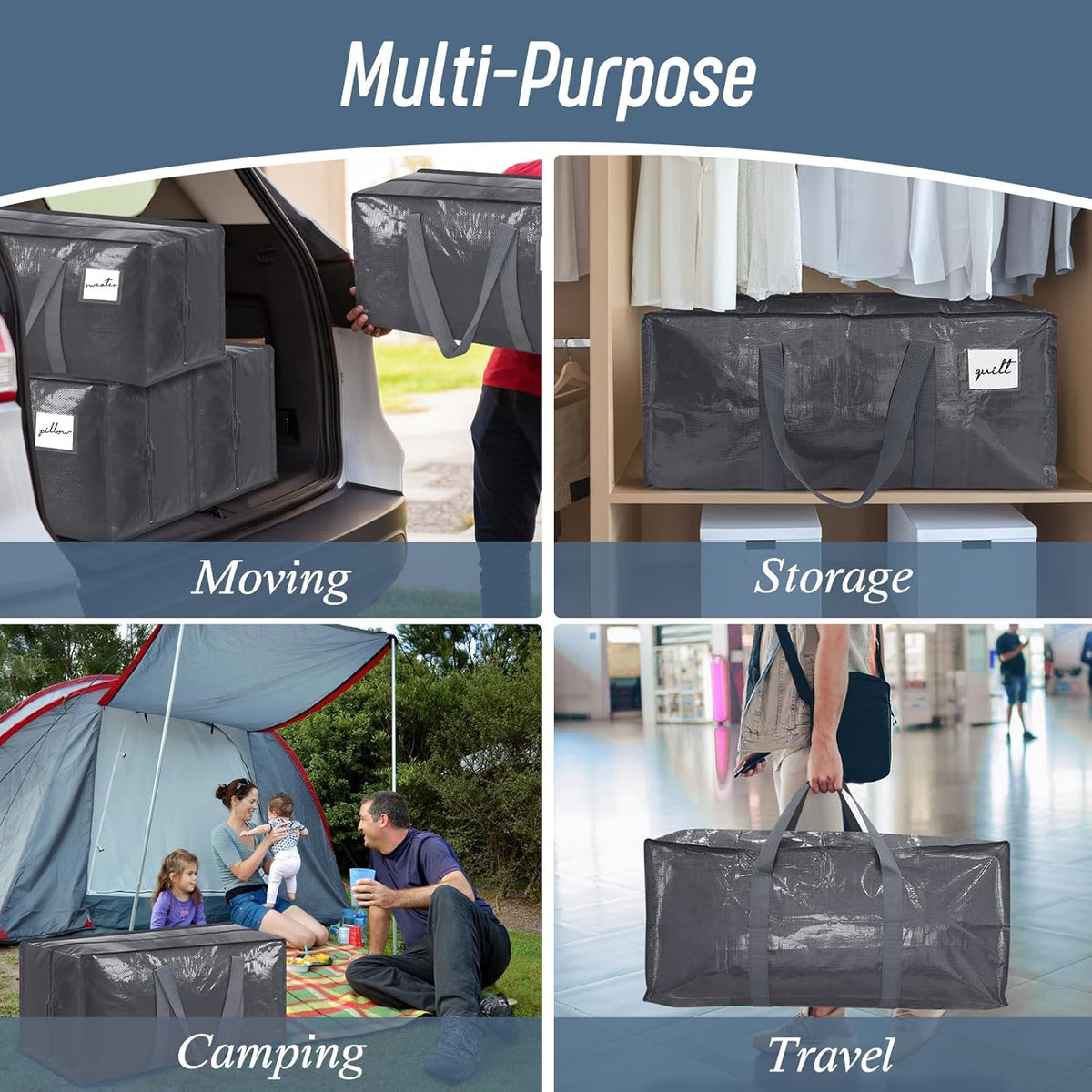 6 Pack Extra Heavy Duty Large Moving Bags with Strong Zipper, Gray