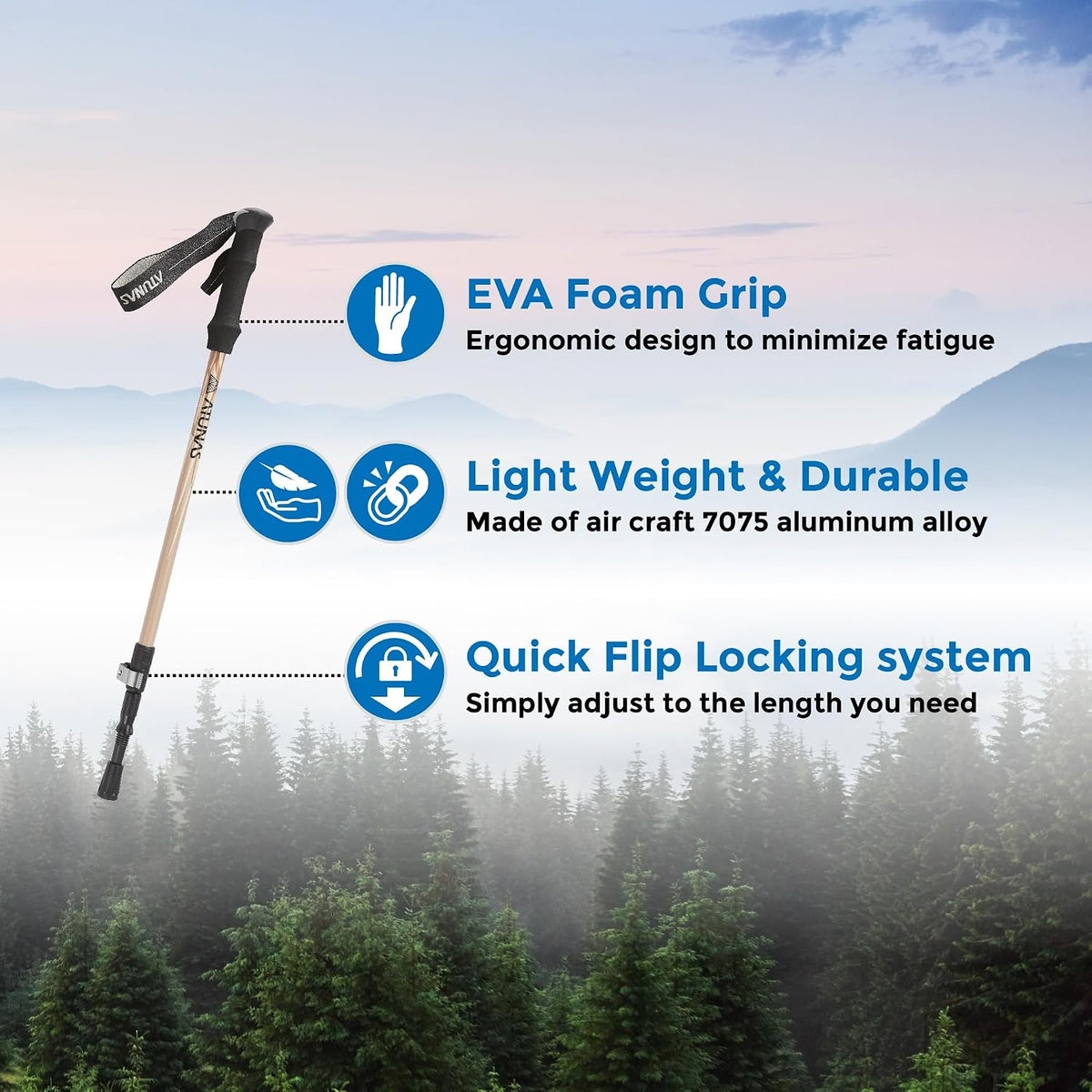 ATUNAS Trekking Poles, 2-Pack Lightweight Aluminum Collapsible Hiking Sticks with EVA Grip and Quick Lock for Men and Women