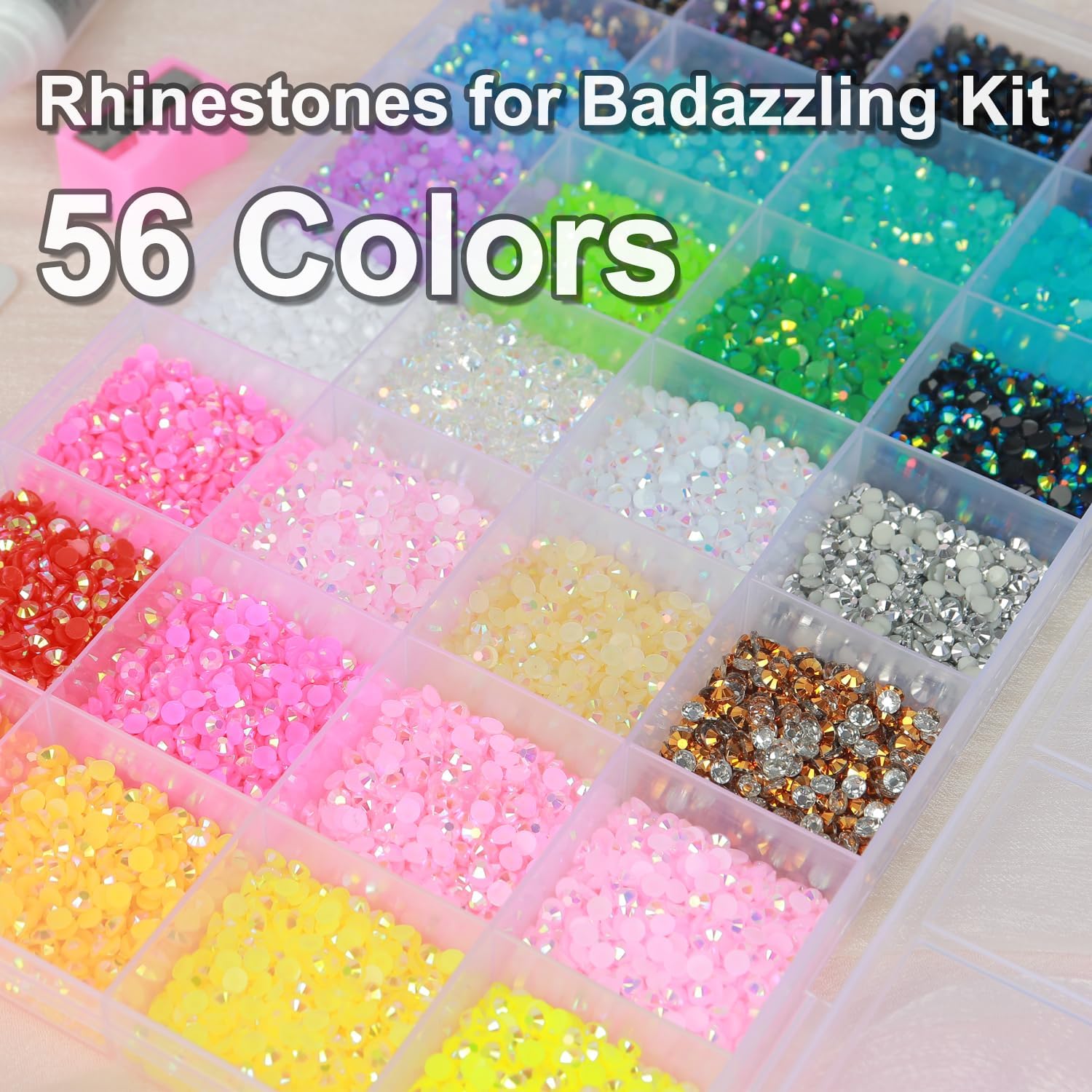 56 Colors Rhinestones for Bedazzling, 2 Boxes 3mm Multicolor Resin Jelly Flatback Gems with 3 Pcs B7000 Jewelry Glue & Tools, Bedazzler Kit for DIY Crafts Book Clothes Makeup Shoes Gifts Decor