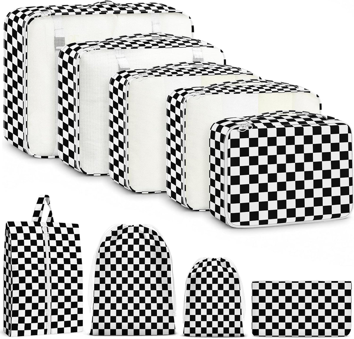 9 Set Packing Cubes for Travel Essentials - Lightweight Carry-On Luggage Organizer Bags with Shoe, Clothes & Laundry Bags for Airplane, Family & Business Travel, Black checkered