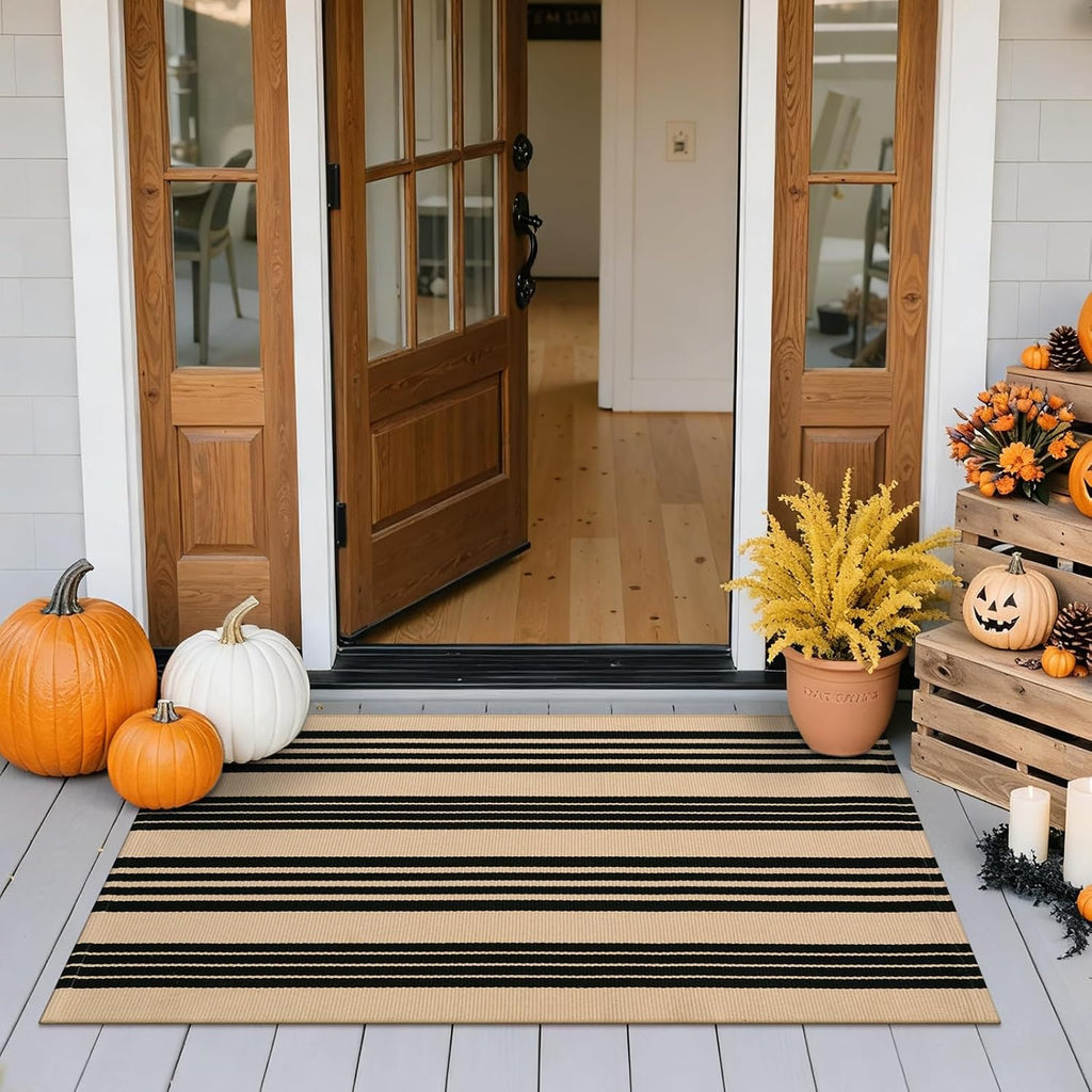 Striped Outdoor Fall Front Door Mat 24"x51", Cotton Washable Rug