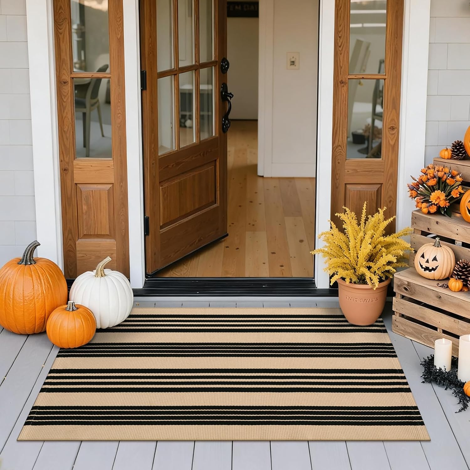 Striped Outdoor Fall Front Door Mat 24"x51", Cotton Washable Rug