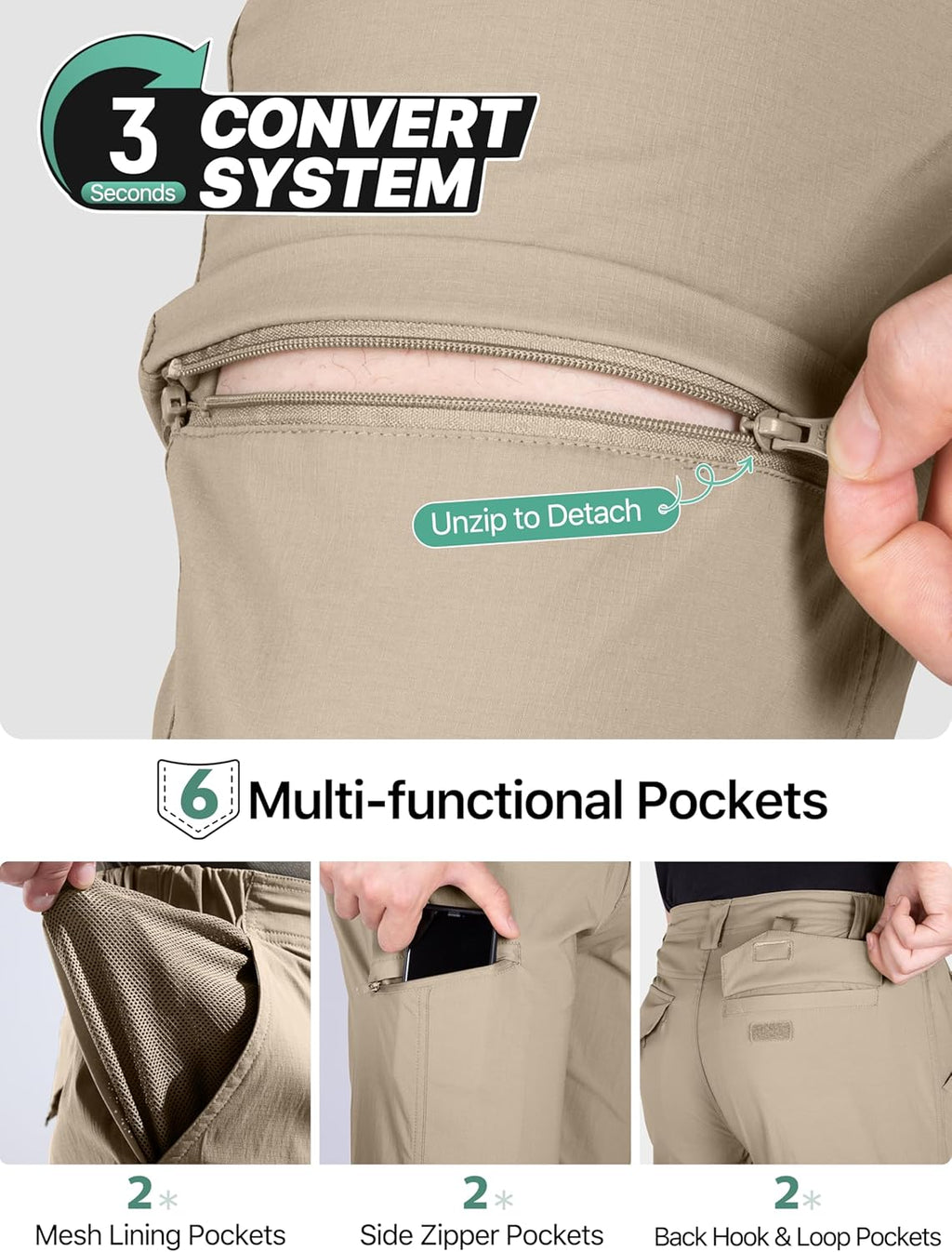 FREE SOLDIER Men's Convertible Hiking Pants Outdoor Lightweight