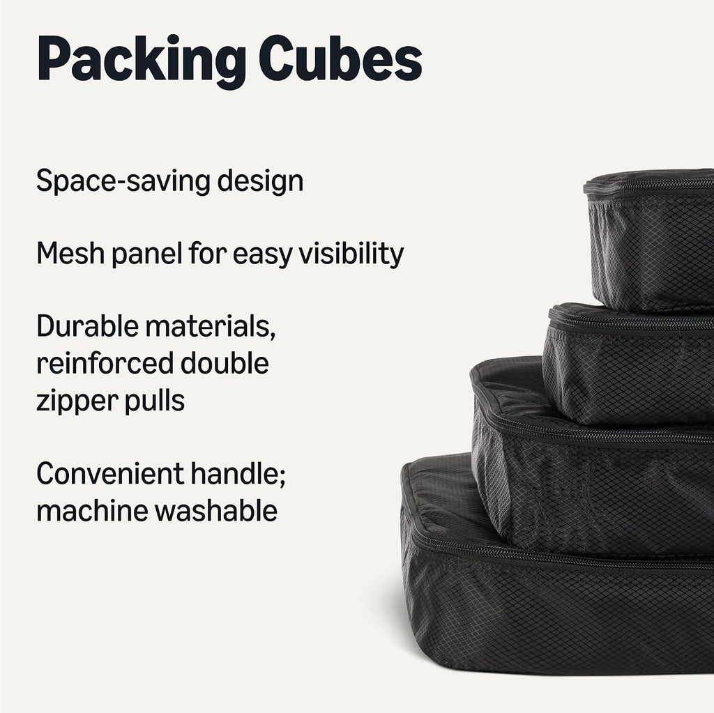 Amazon Essentials 4-Piece Space-Saving Packing Cubes Travel Accessories Set, Luggage Organizer with Double Zipper, Mesh Top, Small/Medium/Large/Slim, Black (Previously Amazon Basics)