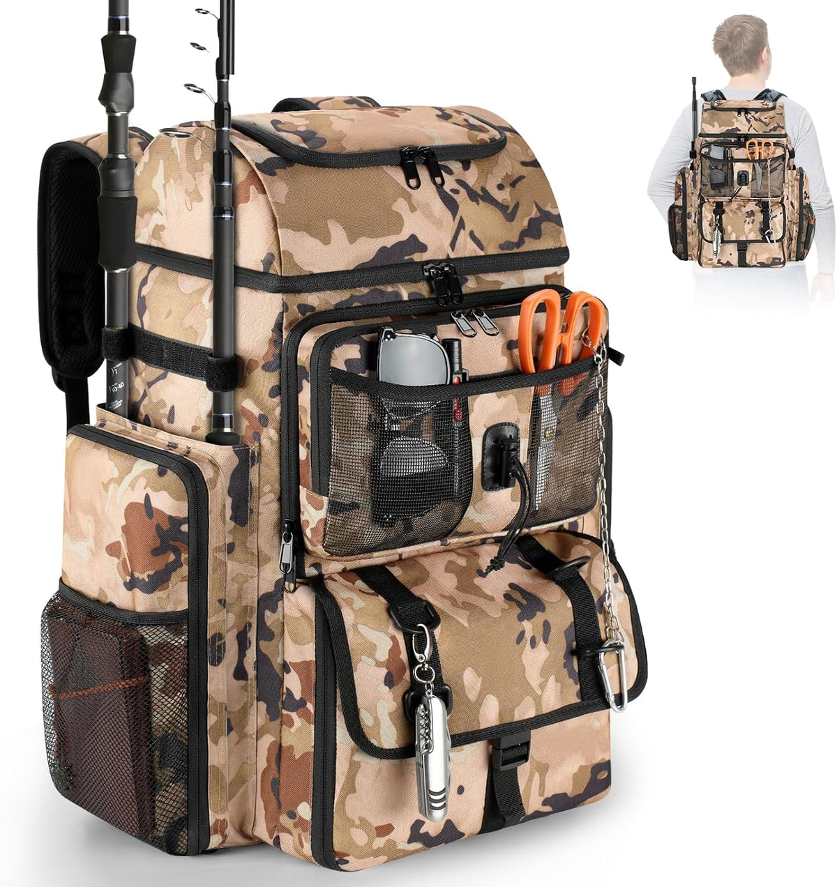 VJI 52L Large Fishing Tackle Backpack with Rod Holders, Khaki Camo