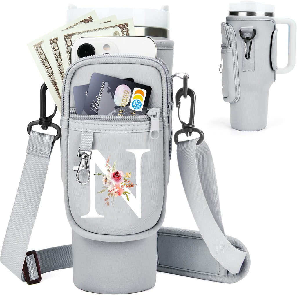 Initial Water Bottle Holder with Strap for Stanley Cup Accessories 40 oz/Simple Modern Tumbler, Birthdays for Women Girls, Water Bottle Carrier Bag with Phone Pocket,Hiking Walking Gym Camping